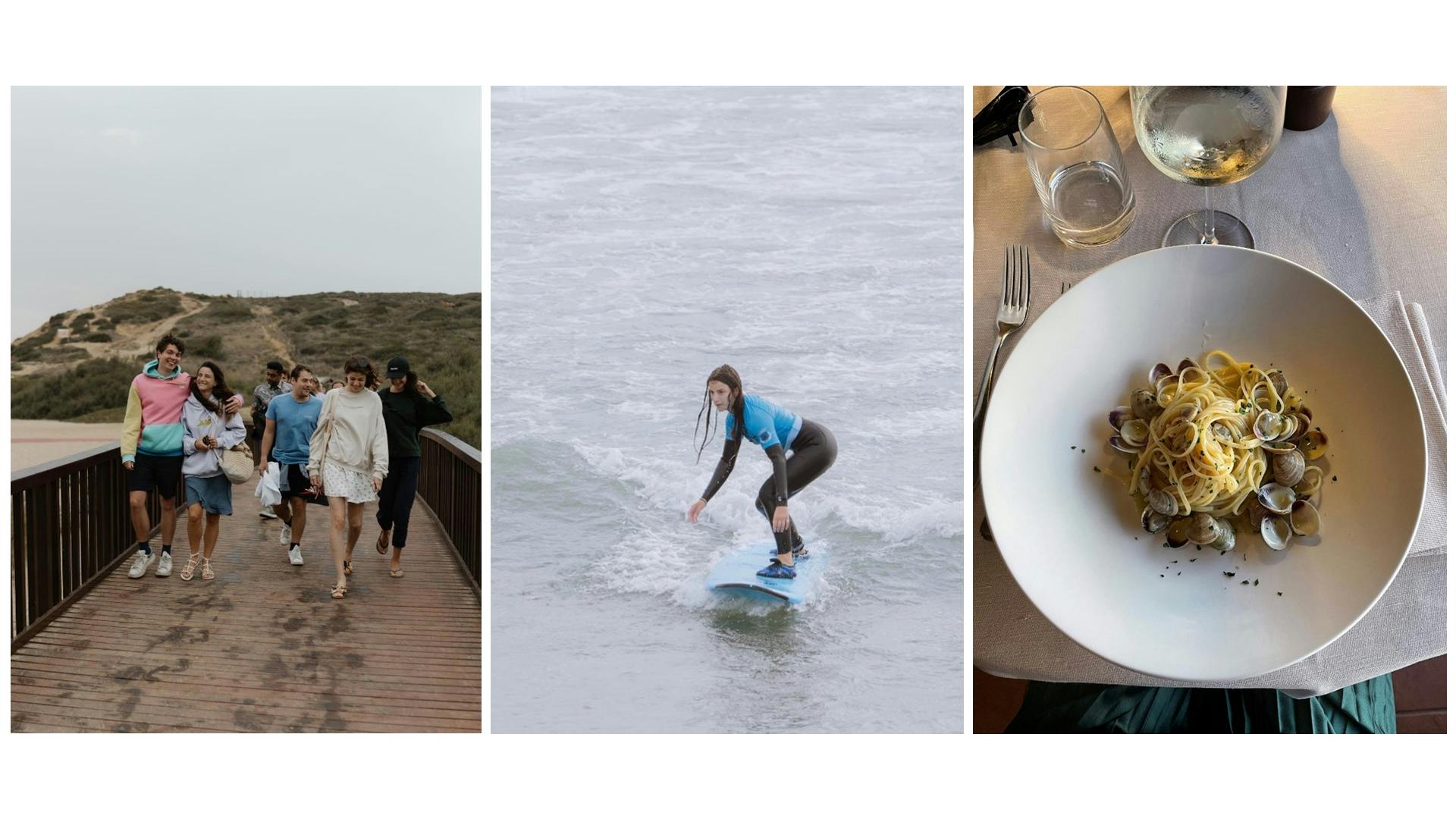 Photo collage of Anna Fagotto with friends, surfing, and dining out.